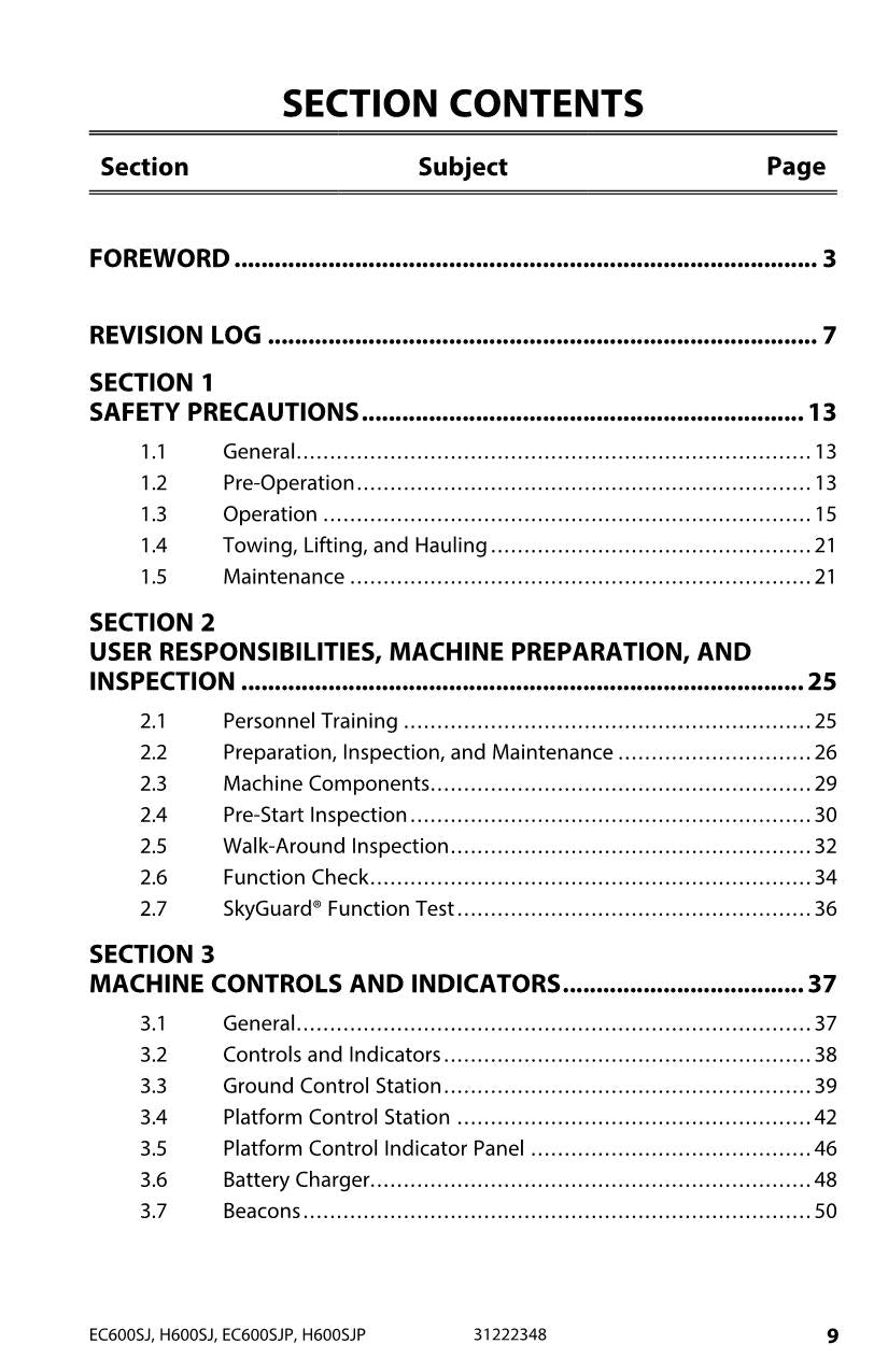 JLG EC600SJ EC600SJP H600SJ H600SJP Boom Lift Operators Manual 31222348