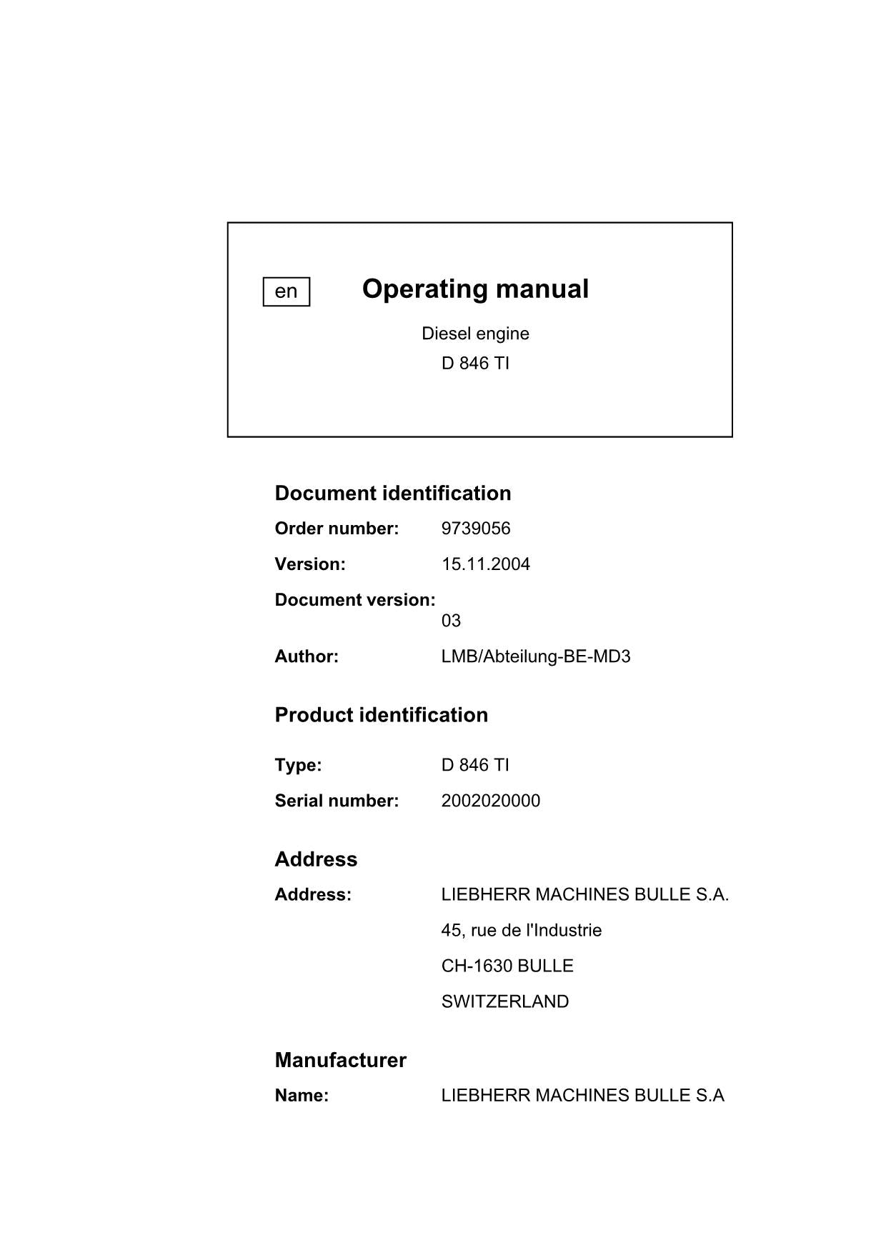 Liebherr D846 TI engine Operators manual