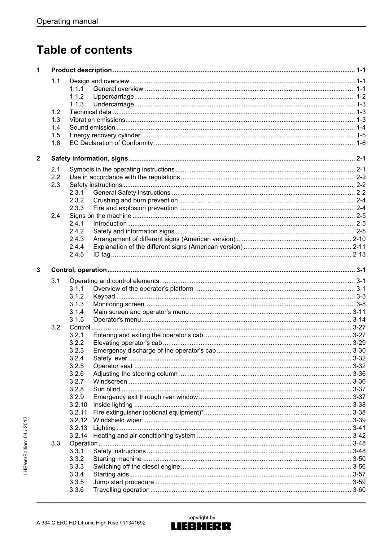 Liebherr A934 C ERC HD Litronic High Rise Excavator Operators manual