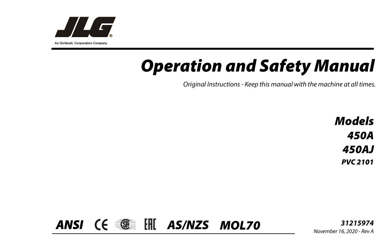 JLG 450A 450AJ Boom Lift Maintenance Operation Operators Manual 31215974