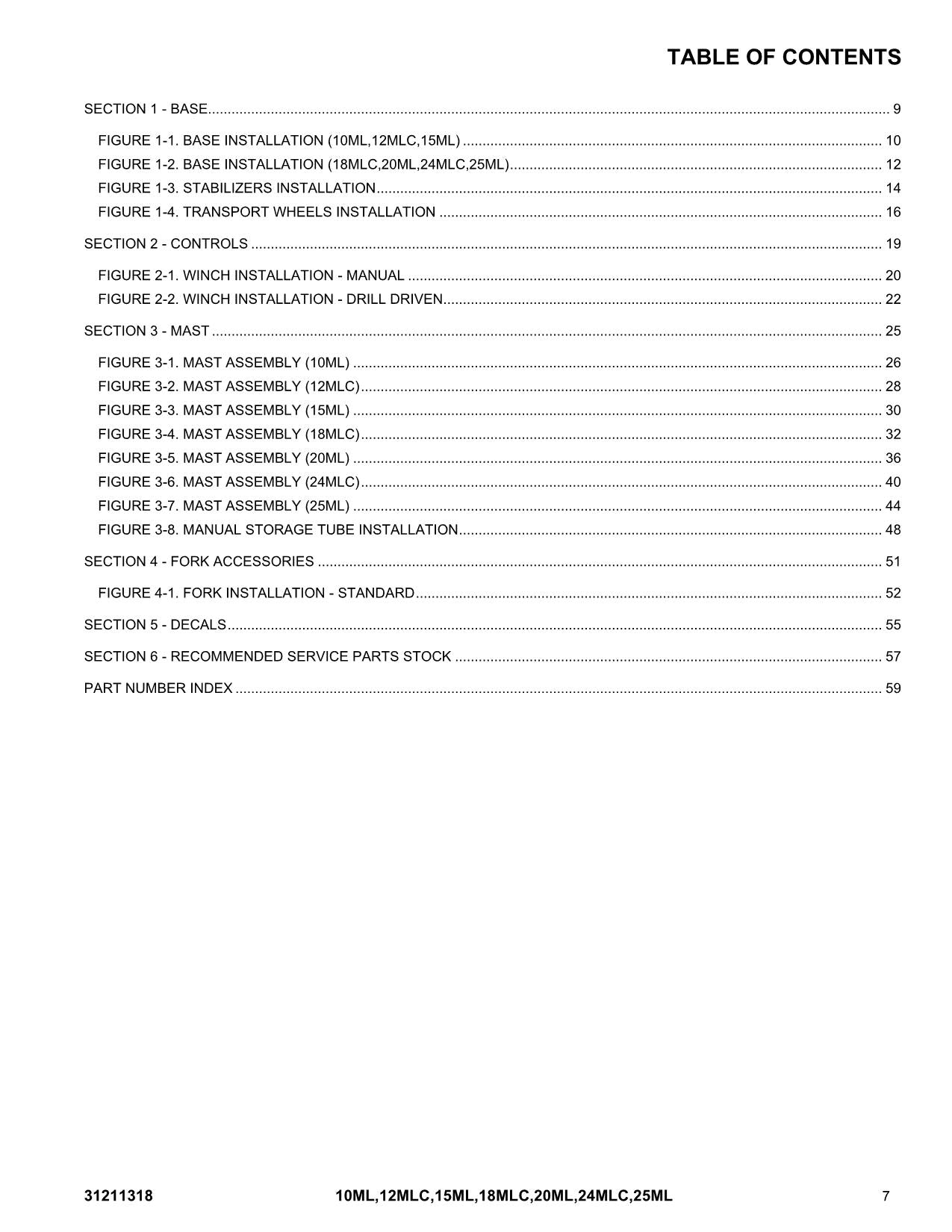 JLG 10ML 12MLC 15ML 18MLC 20ML 24MLC 25ML Vertical Mast Parts Catalog Manual