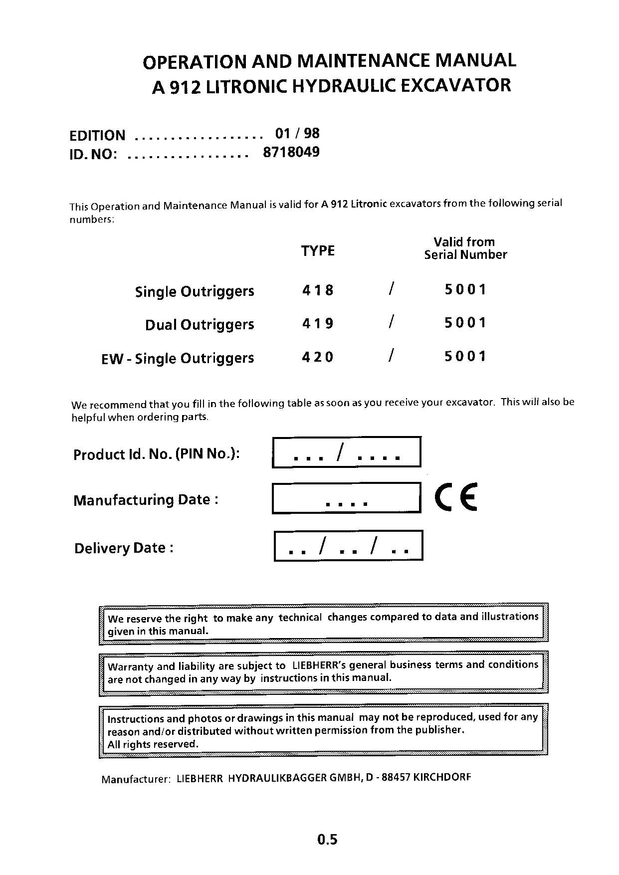 Liebherr A912 Litronic Excavator Operators manual serial 5001