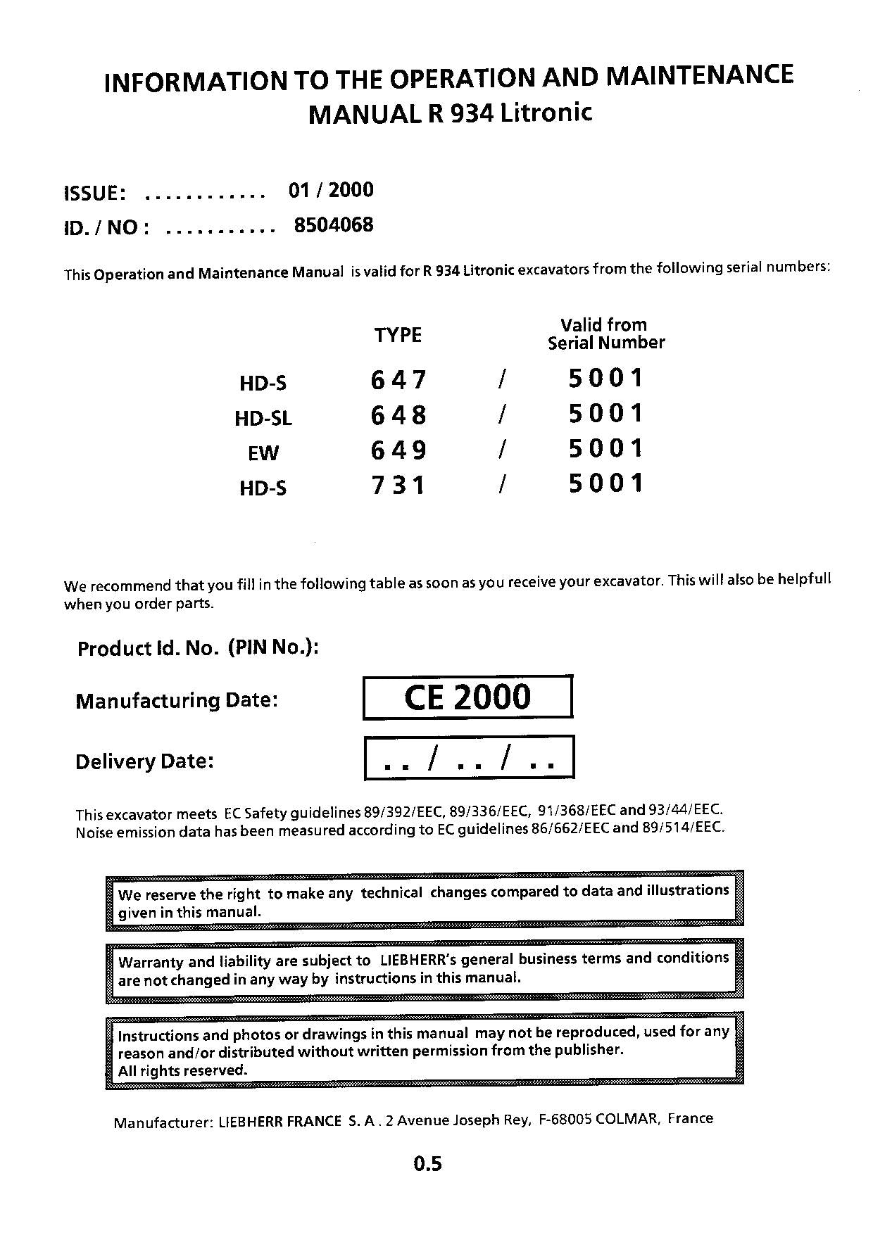 Liebherr R934 Litronic Excavator Operators manual serial 5001