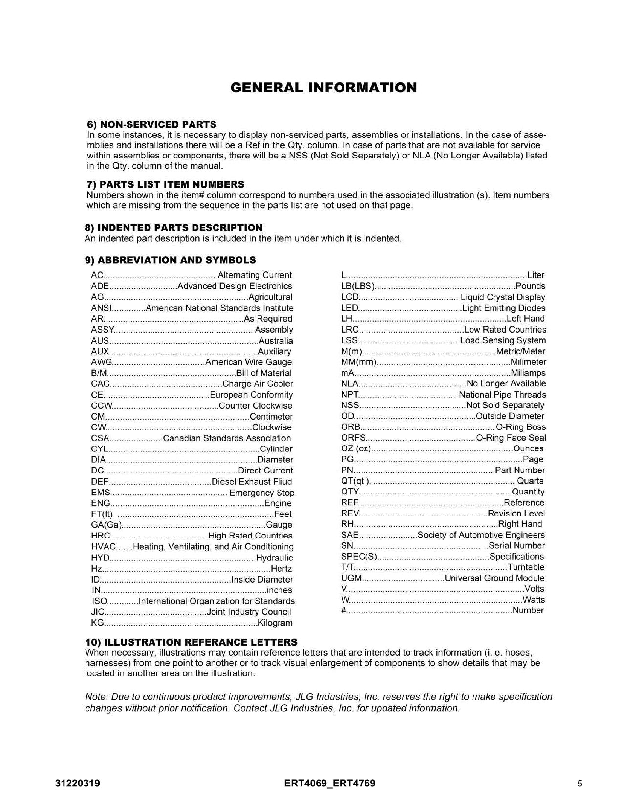 JLG ERT4069 ERT4769 Scissor Lift Parts Catalog Manual