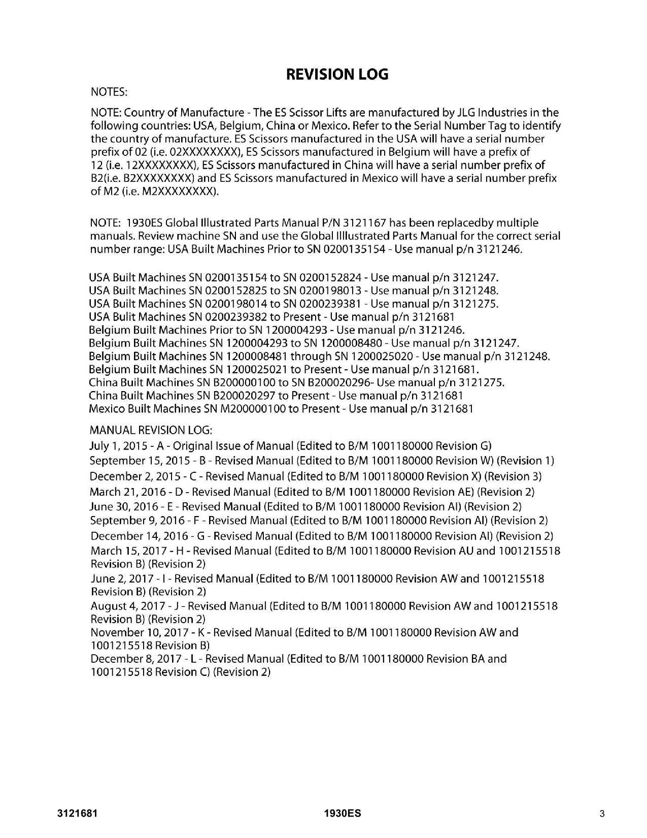 JLG 1930ES Scissor Lift Parts Catalog Manual