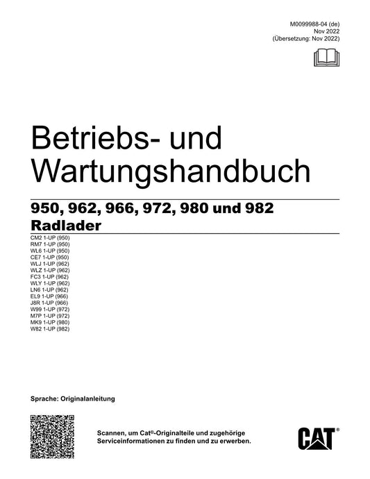 Caterpillar 950 962 966 972 980 982 Radlader Betriebsanleitung Wartungshandbuch