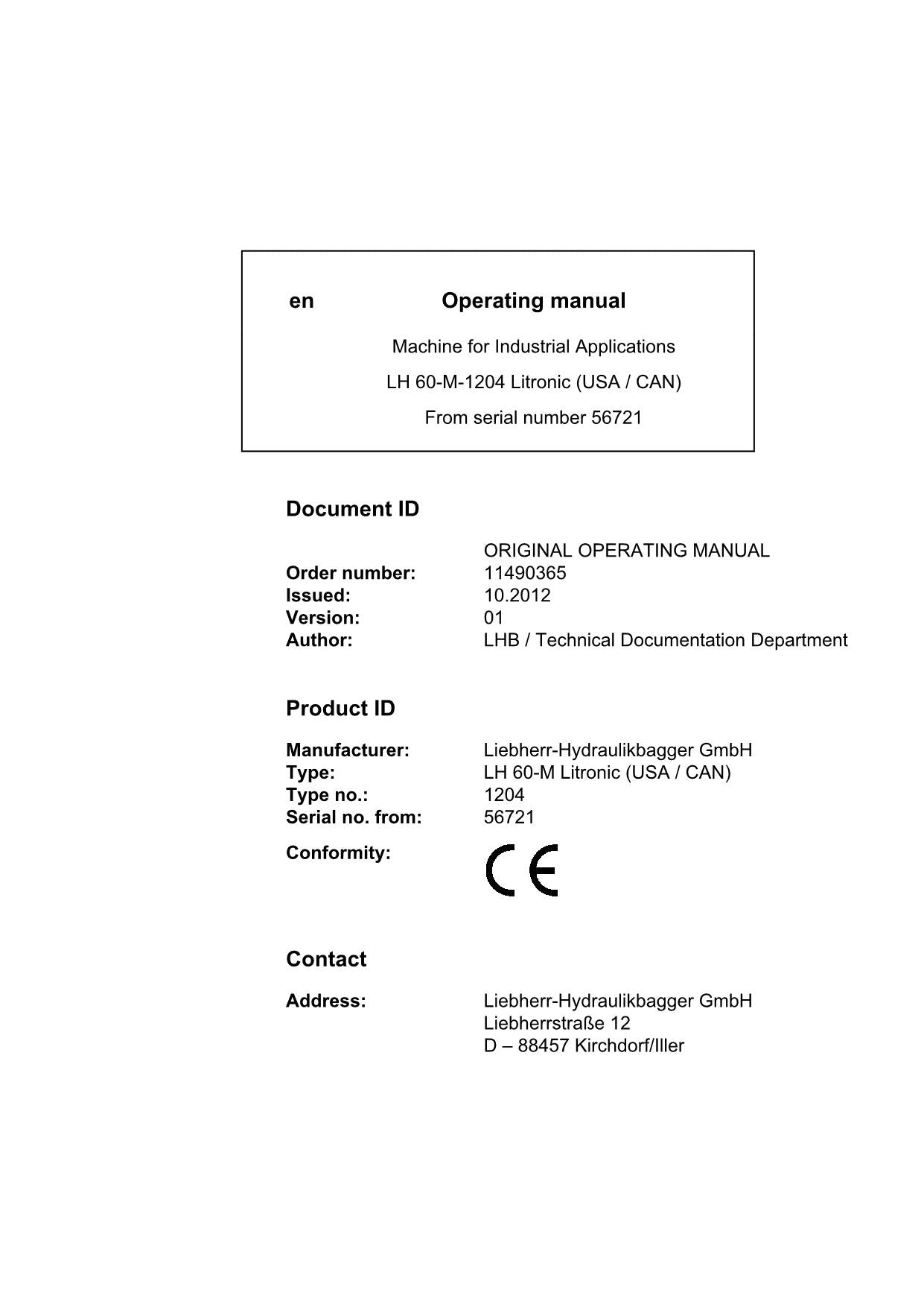 Liebherr LH60-M Litronic (USA CAN) Excavator Operators manual