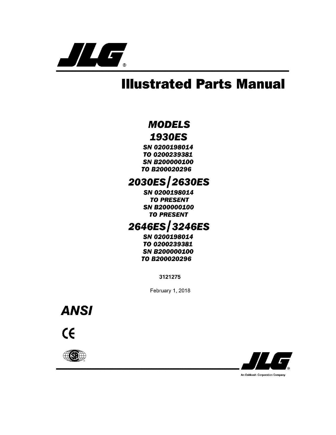 JLG 1930ES 2030ES 2630ES 2646ES 3246ES Scissor Lift Parts Catalog Manual