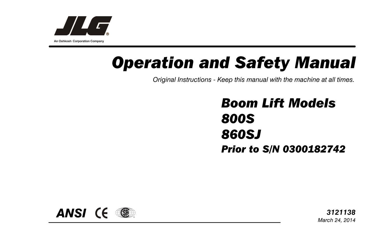 JLG 800S 860SJ Boom Lift Maintenance Operation Operators Manual 3121138