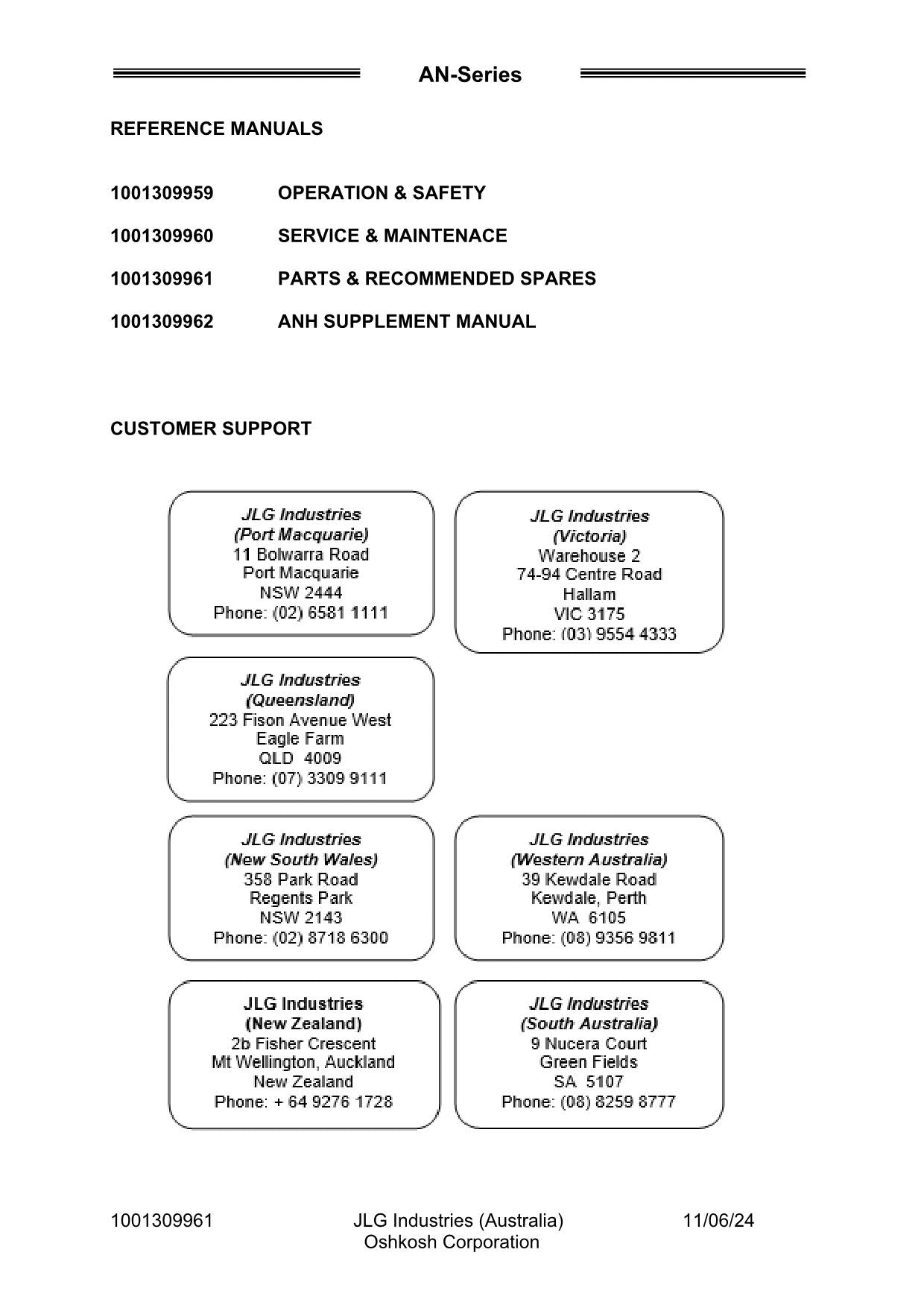 JLG 6308AN 6308AN-6 8308AN 9308AN Series Lighting TOWER Parts Catalog Manual