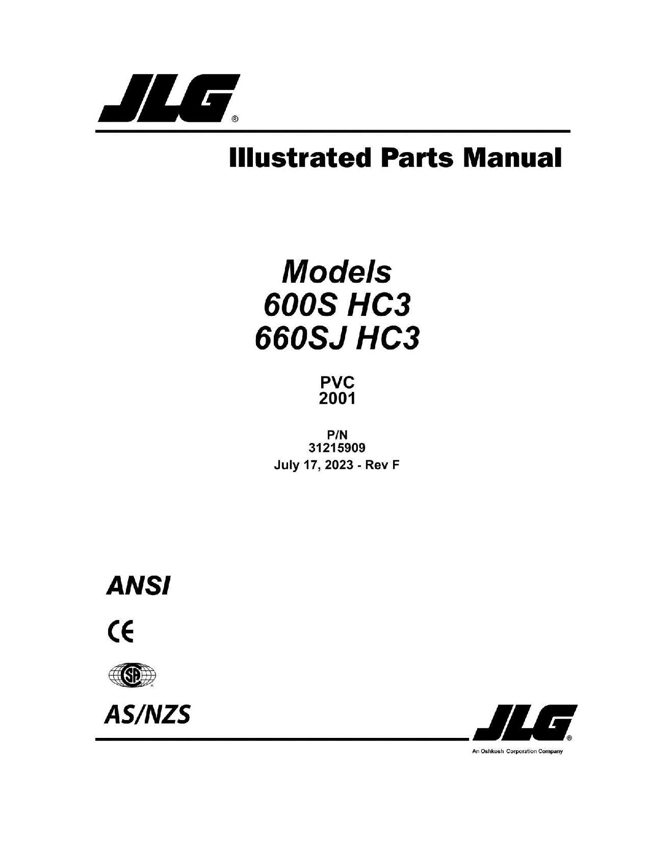 JLG 600S HC3 660SJ HC3 Boom Lift Parts Catalog Manual 31215909