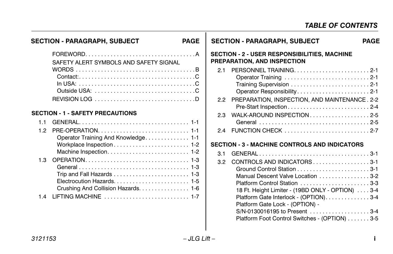 JLG 15BD 19BD Vertical Mast Maintenance Operation Operators Manual