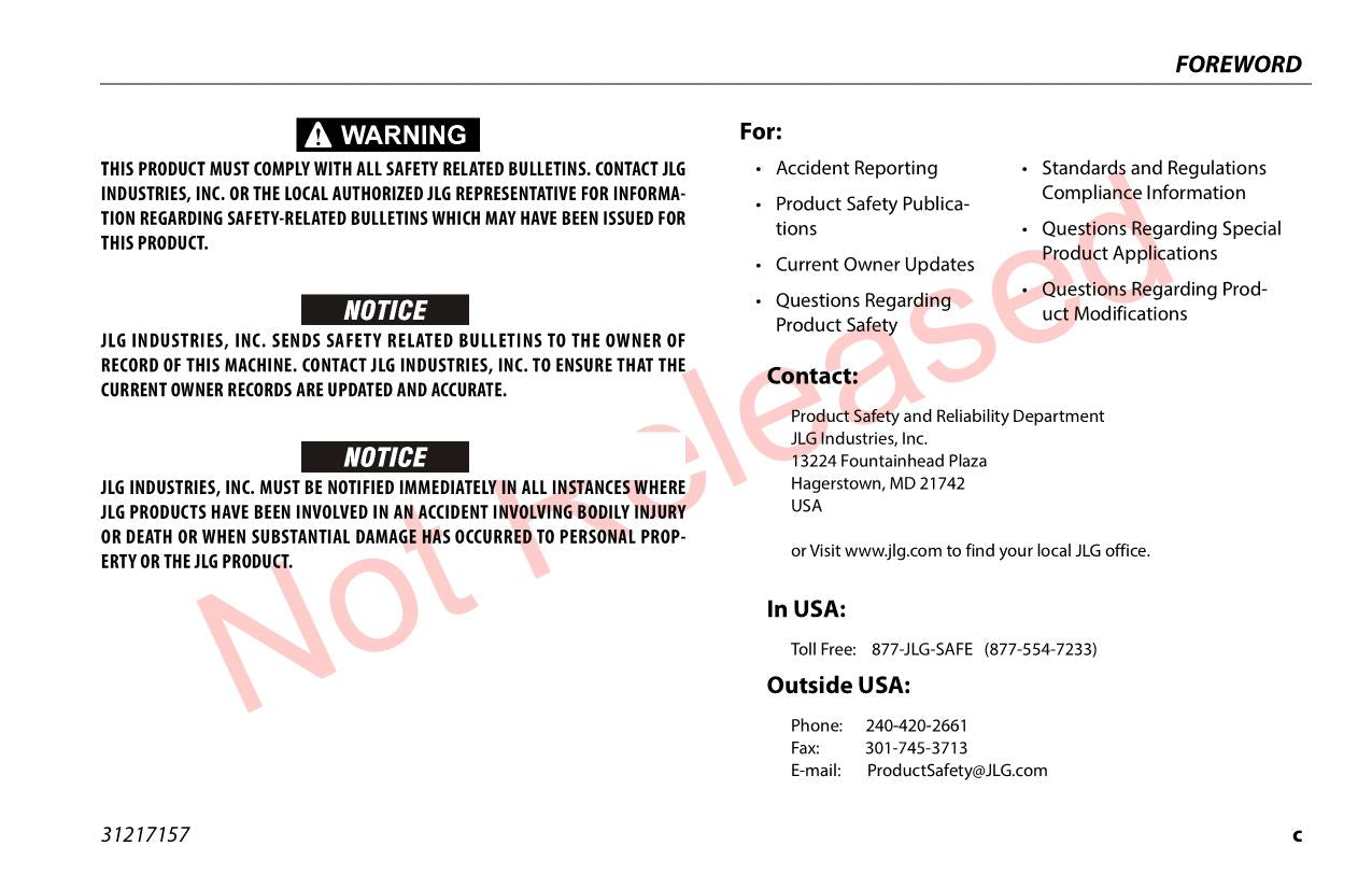 JLG 520AJ HC3 Boom Lift Maintenance Operation Operators Manual 31217157