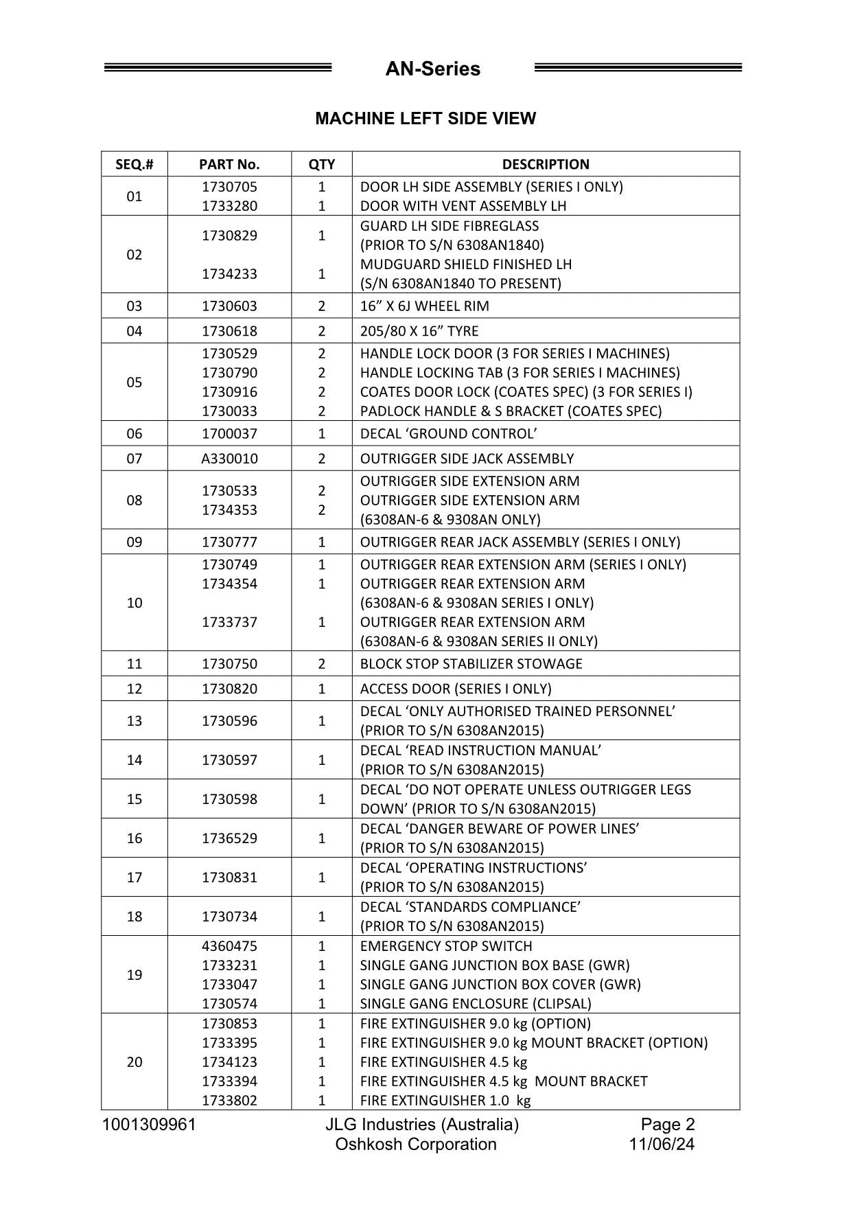 JLG 6308AN 6308AN-6 8308AN 9308AN Series Lighting TOWER Parts Catalog Manual