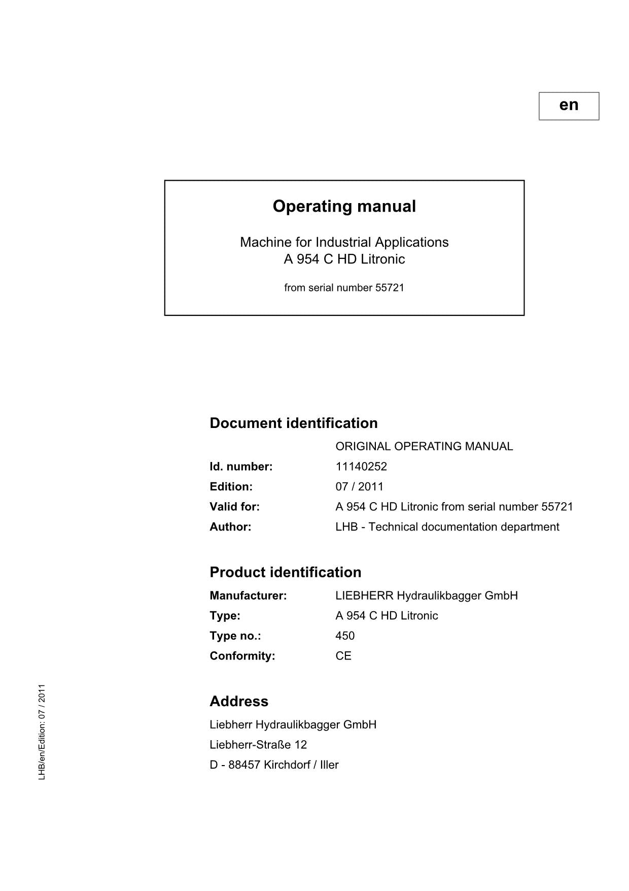 Liebherr A954 C HD Litronic Excavator Operators manual