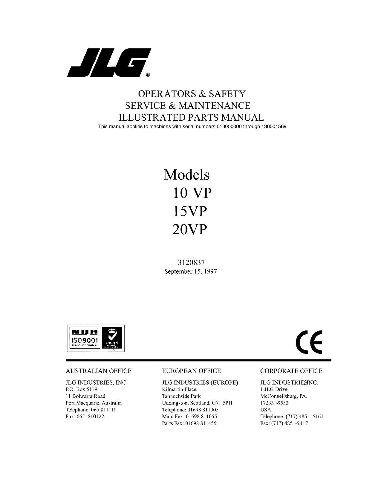 JLG 10VP 15VP 20VP Vertical Mast Parts Catalog Manual Prior to 0130001577