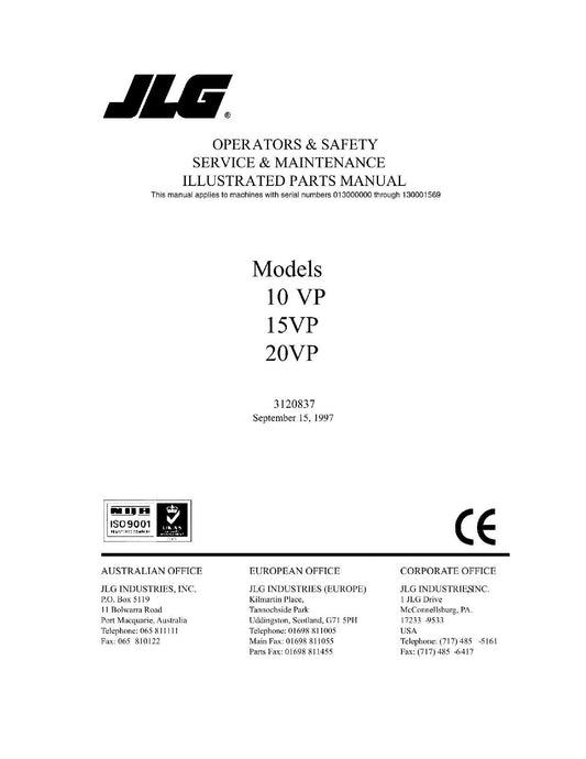 JLG 10VP 15VP 20VP Vertical Mast Parts Catalog Manual Prior to 0130001577