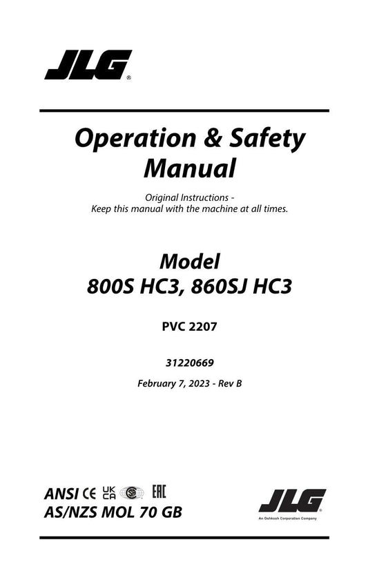 JLG 800S HC3 860SJ HC3 Boom Lift Maintenance Operation Operators Manual 31220669