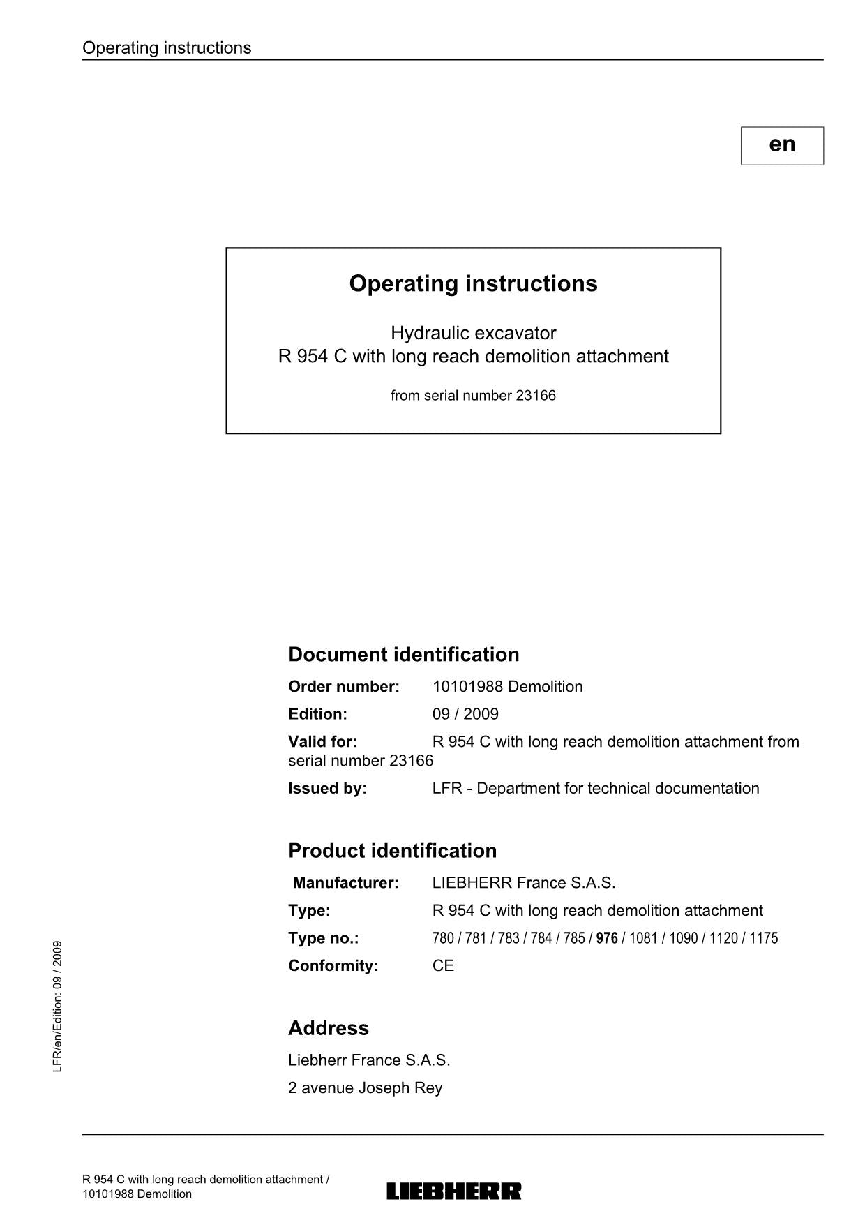 Liebherr R954 C Demolition Excavator Operators manual serial 23166