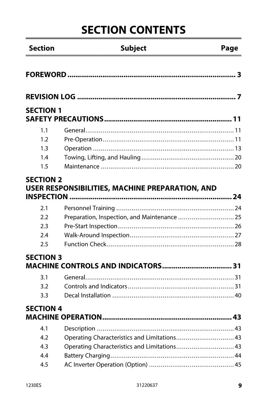 JLG 1230ES Vertical Mast Maintenance Operation Operators Manual 31220637