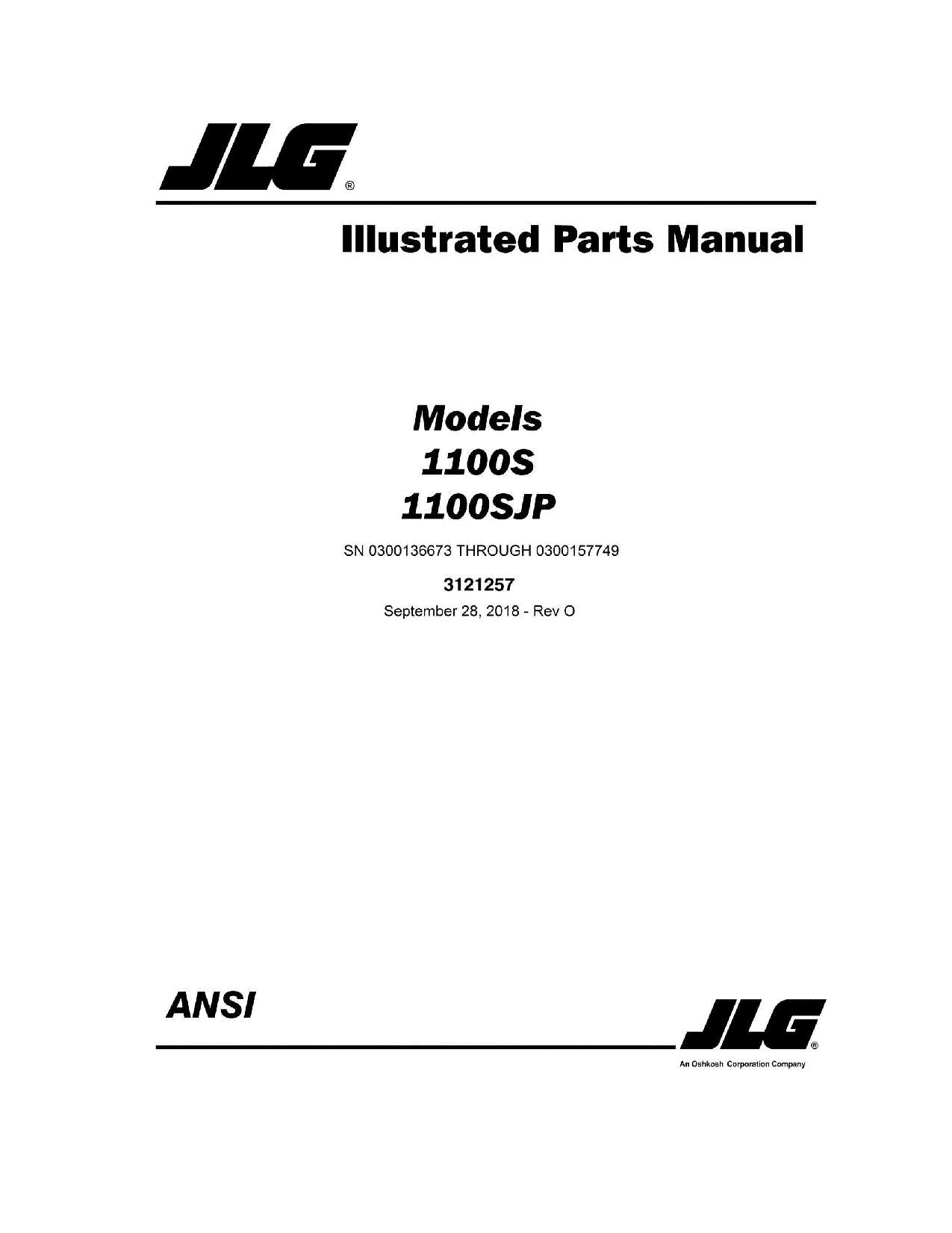 JLG 1100S 1100SJP Scissor Lift Parts Catalog Manual