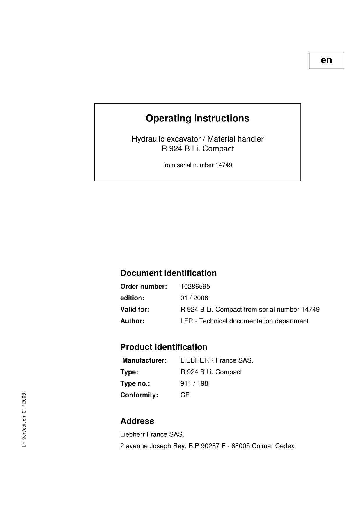 Liebherr R924 B Li. Compact Excavator Operators manual