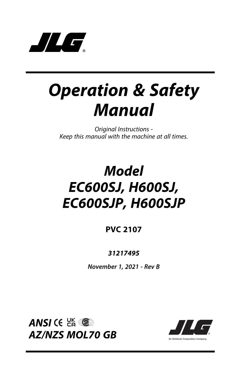 JLG EC600SJ EC600SJP H600SJ H600SJP Boom Lift Operators Manual 31217495