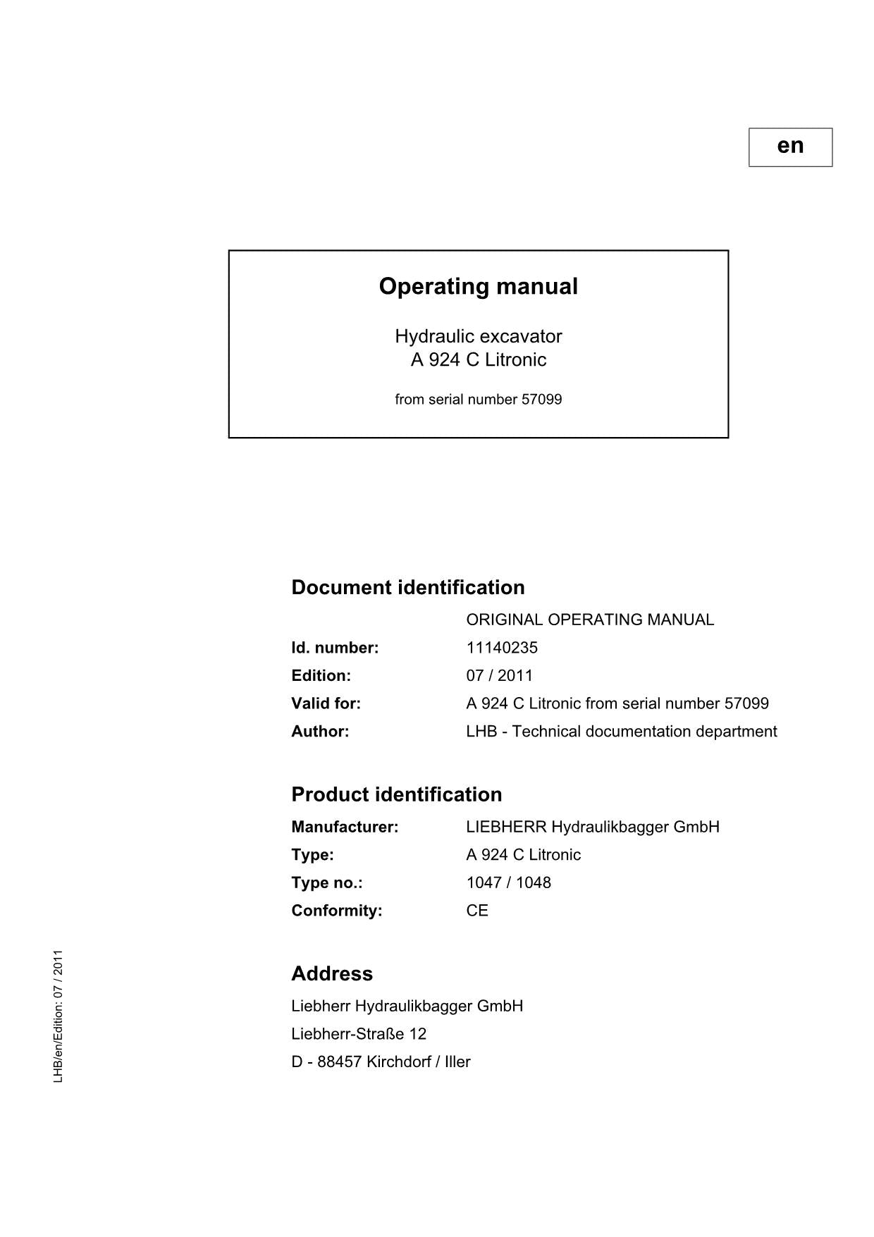 Liebherr A924 C Litronic Excavator Operators manual