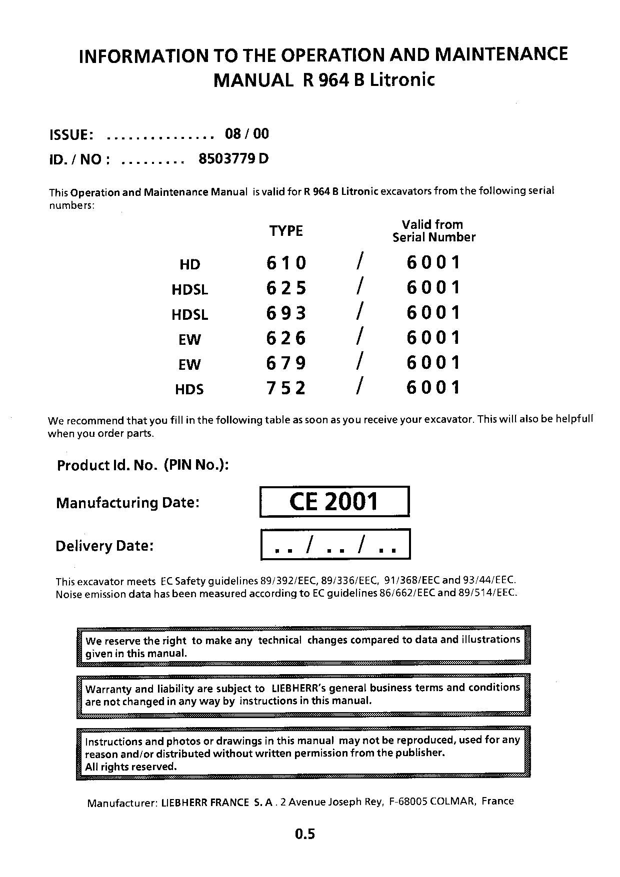 Liebherr R964 B Litronic Excavator Operators manual serial 6001