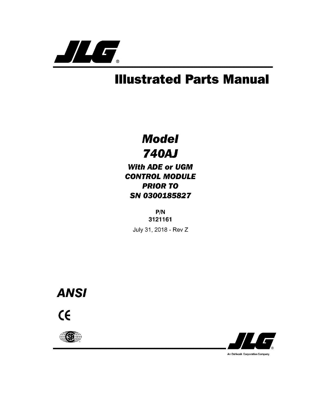 JLG 740AJ Boom Lift Parts Catalog Manual Prior to 0300185827