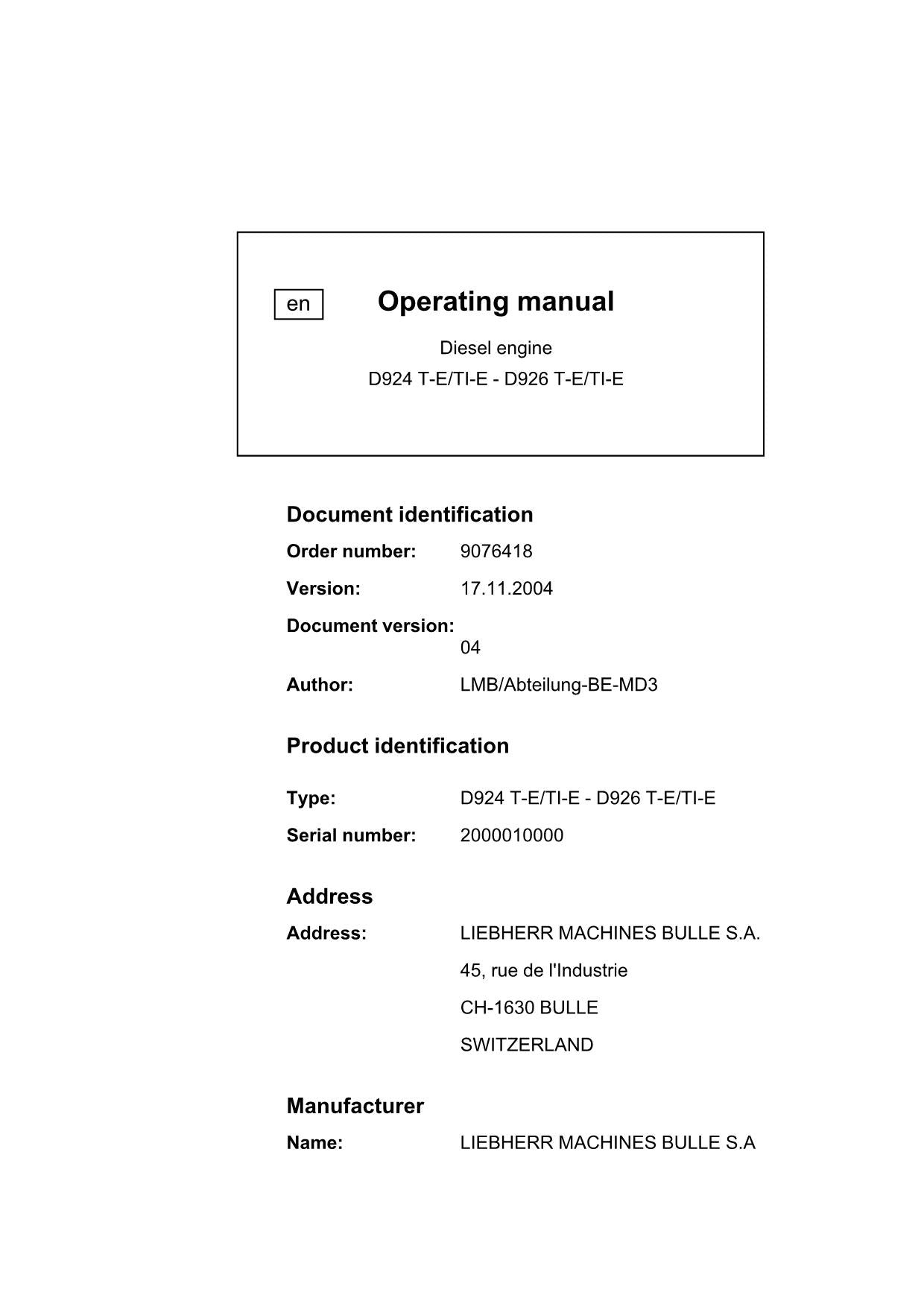 Liebherr D924 T-E TI-E - D926 T-E TI-E engine Operators manual