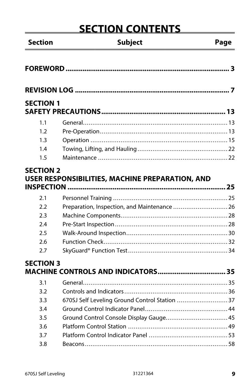 JLG 670SJ Boom Lift Maintenance Operation Operators Manual 31221364