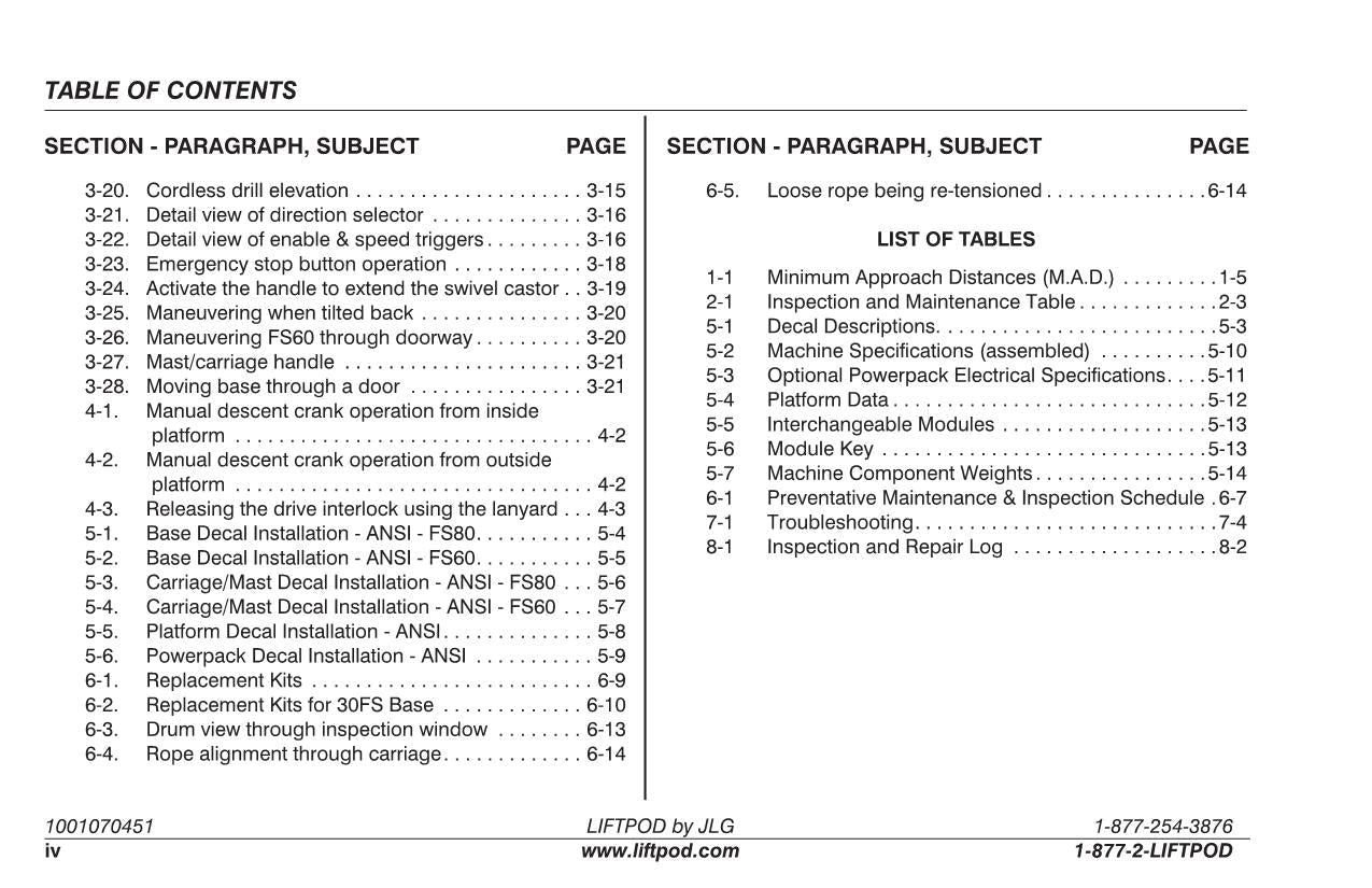 JLG FS60 FS80 Vertical Mast Operation Parts Catalog Service Manual