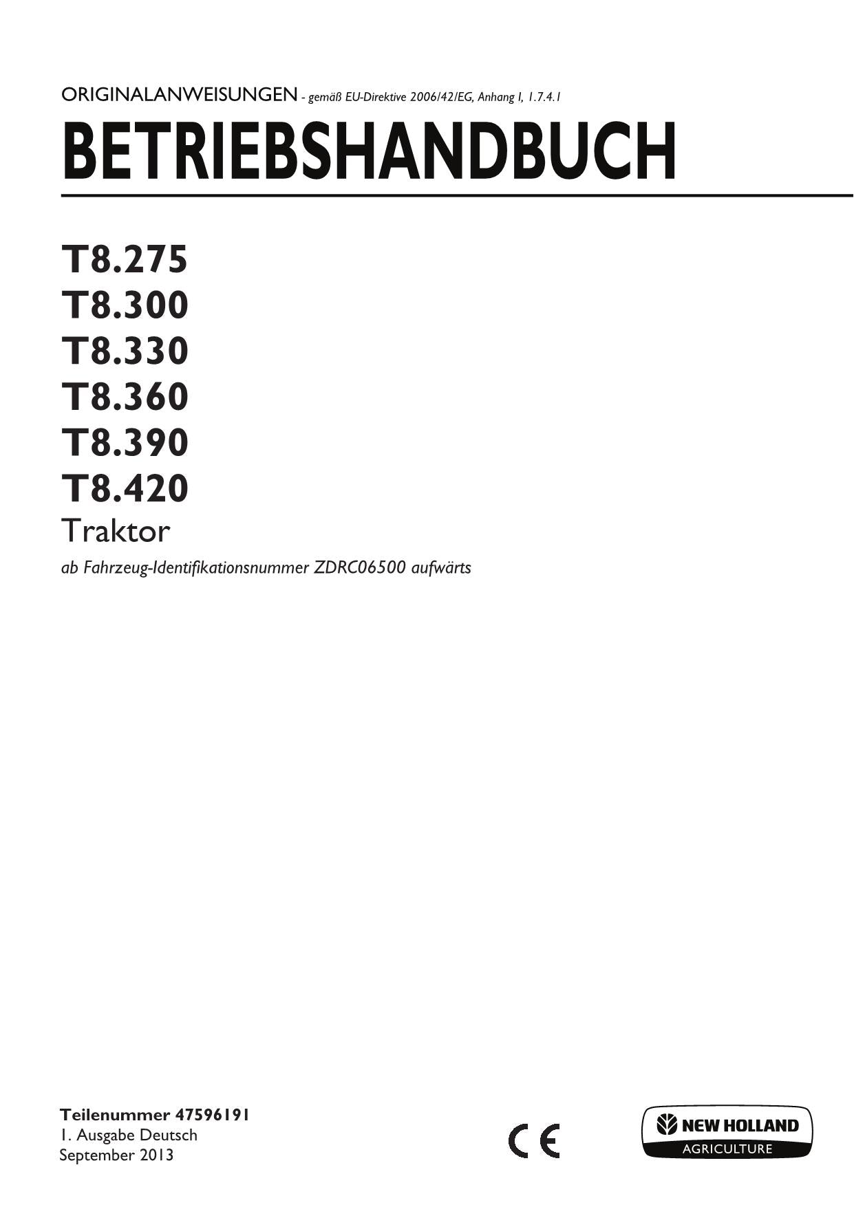 New Holland T8.275 T8.300 T8.330 T8.360 T8.390 T8.420 traktor betriebsanleitung