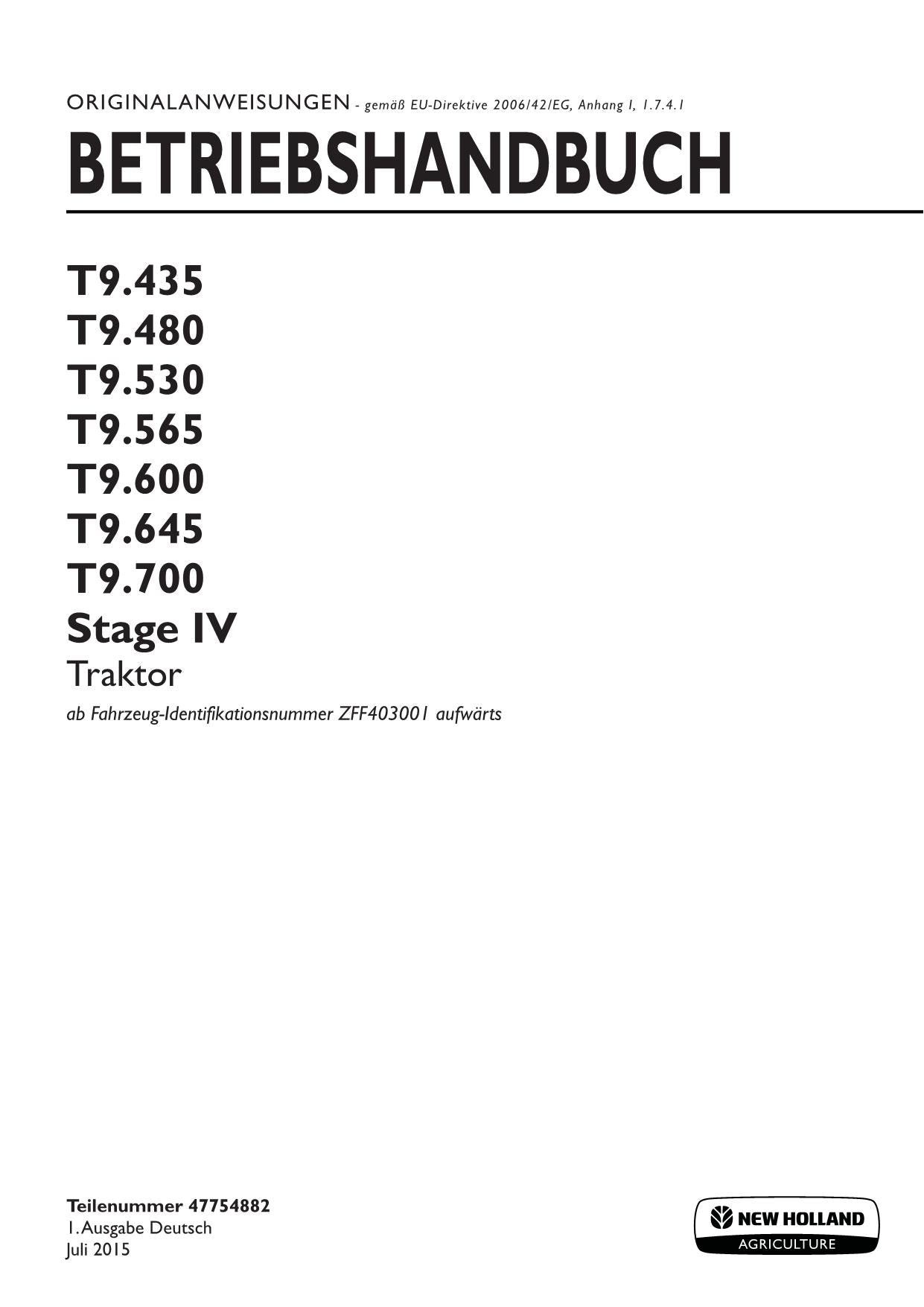 New Holland T9.435 T9.480 T9.530 T9.565 T9.600 T9.645 T9.700 betriebsanleitung