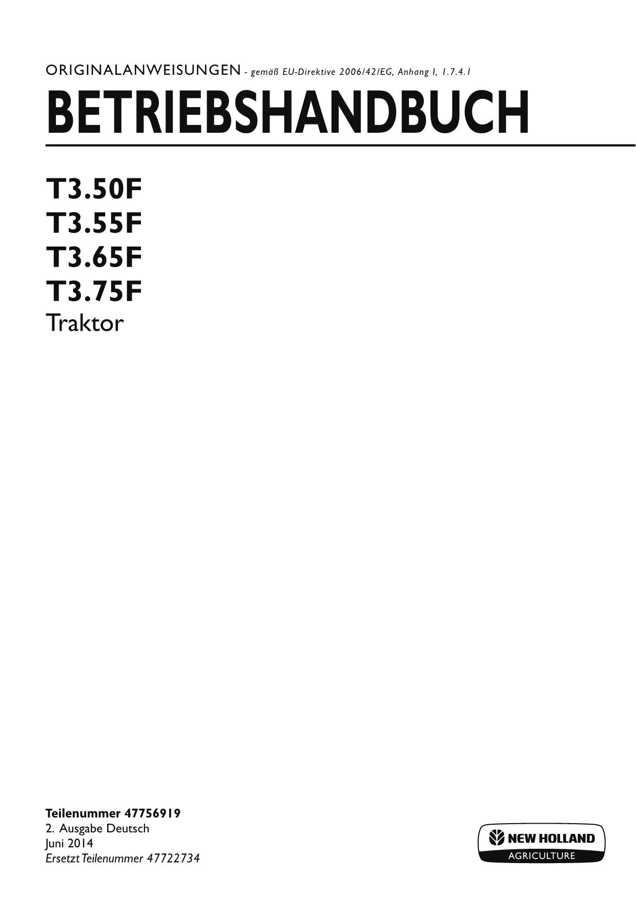 New Holland T3.50F T3.55F T3.65F T3.75F traktor betriebsanleitung