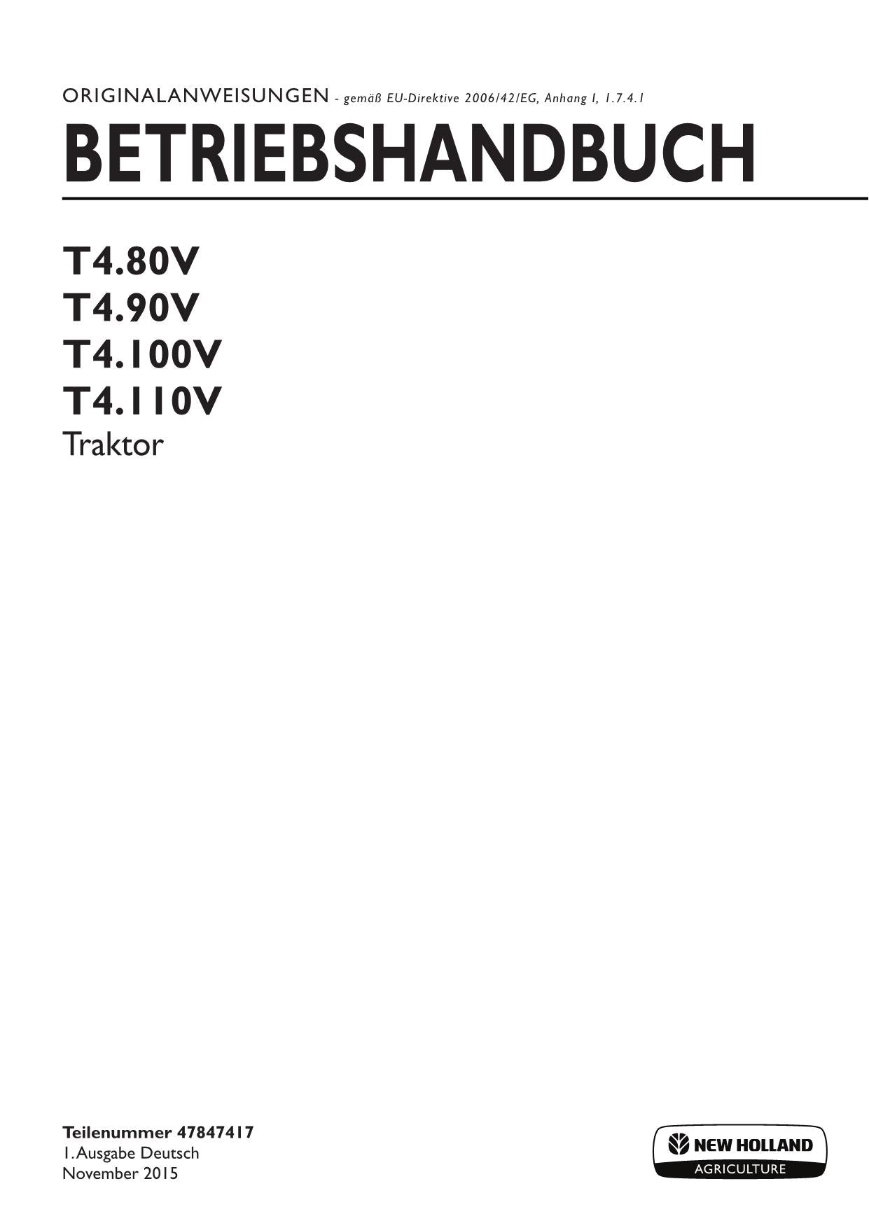 New Holland T4.80V T4.90V T4.100V T4.110V traktor betriebsanleitung #1