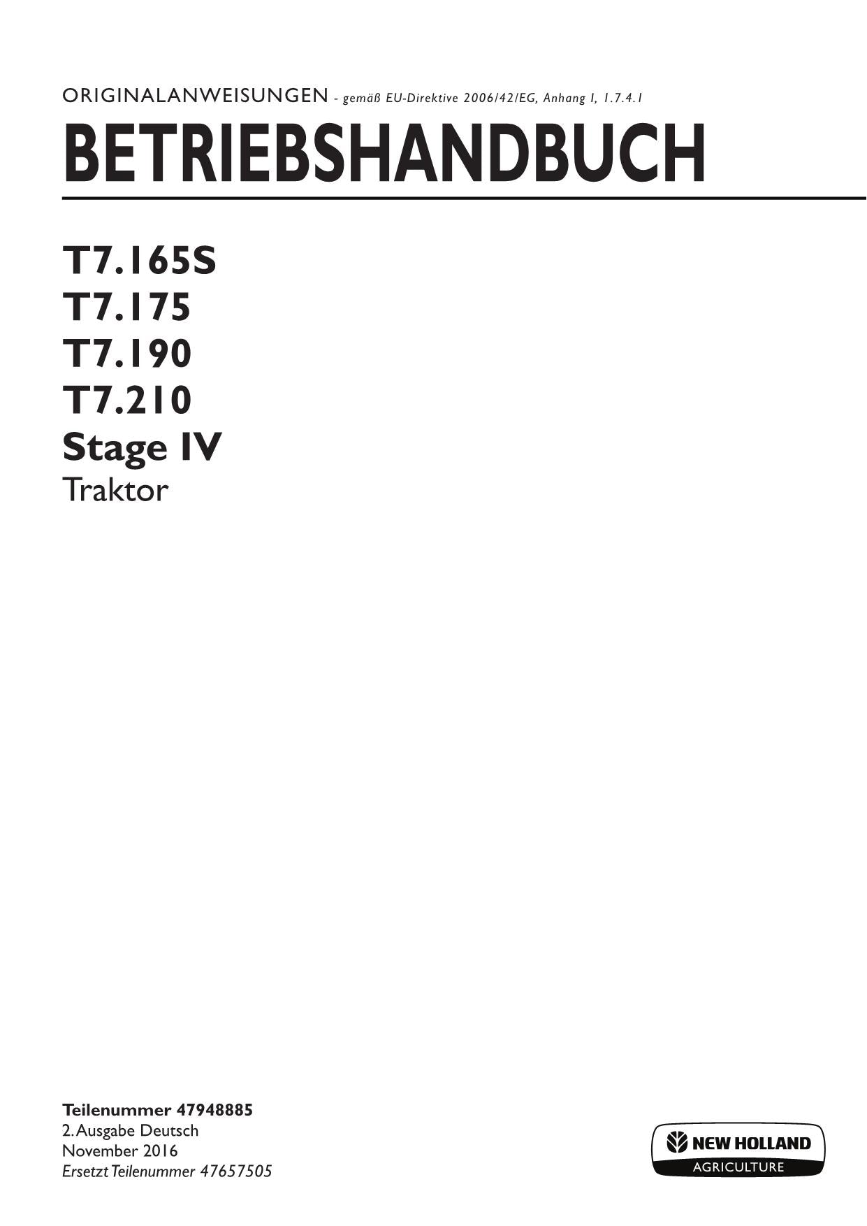 New Holland T7.165S T7.175 T7.190 T7.210 IV traktor betriebsanleitung