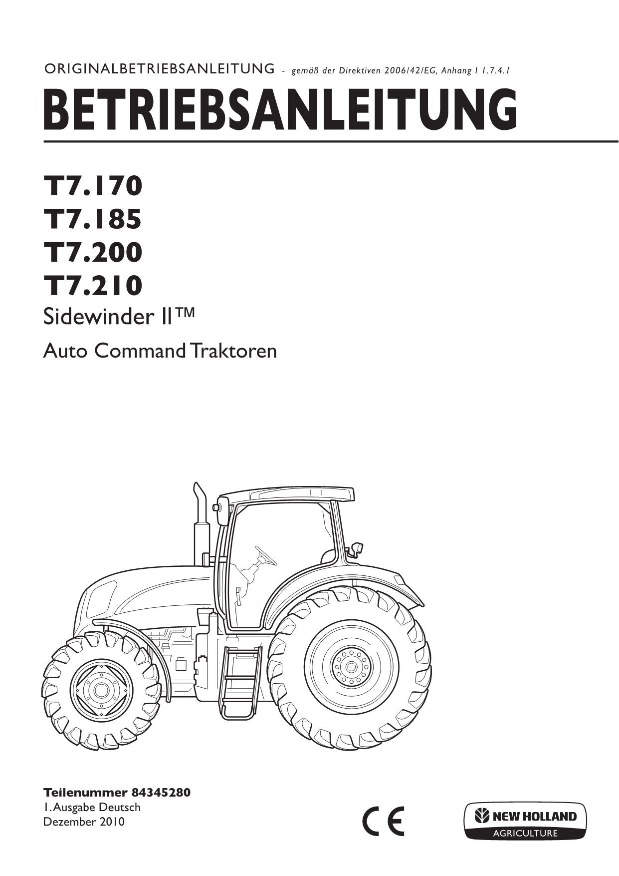 New Holland T7.170 T7.185 T7.200 T7.210 traktor betriebsanleitung 84345280