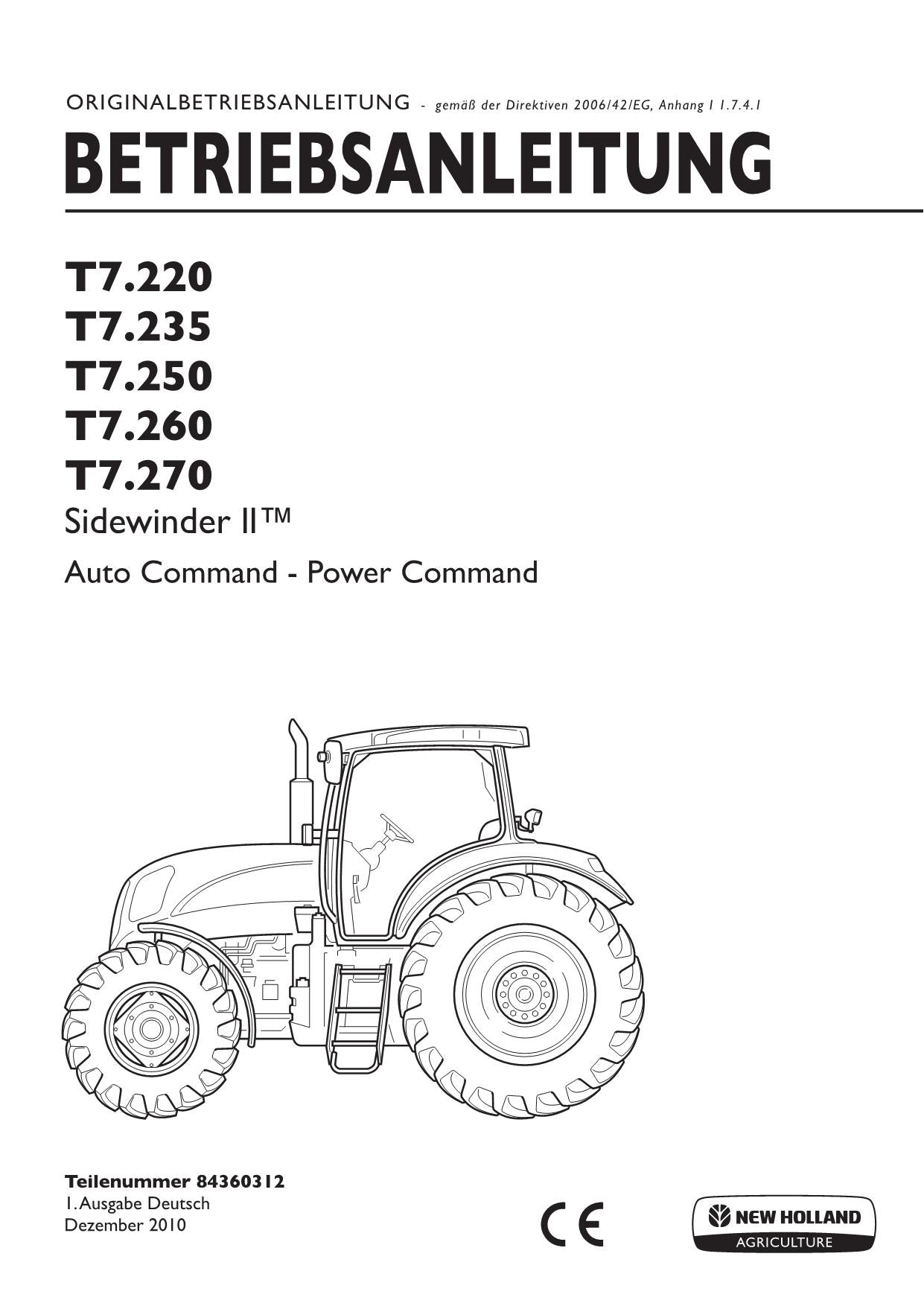 New Holland T7.220 T7.235 T7.250 T7.260 T7.270 TRACTOR betriebsanleitung