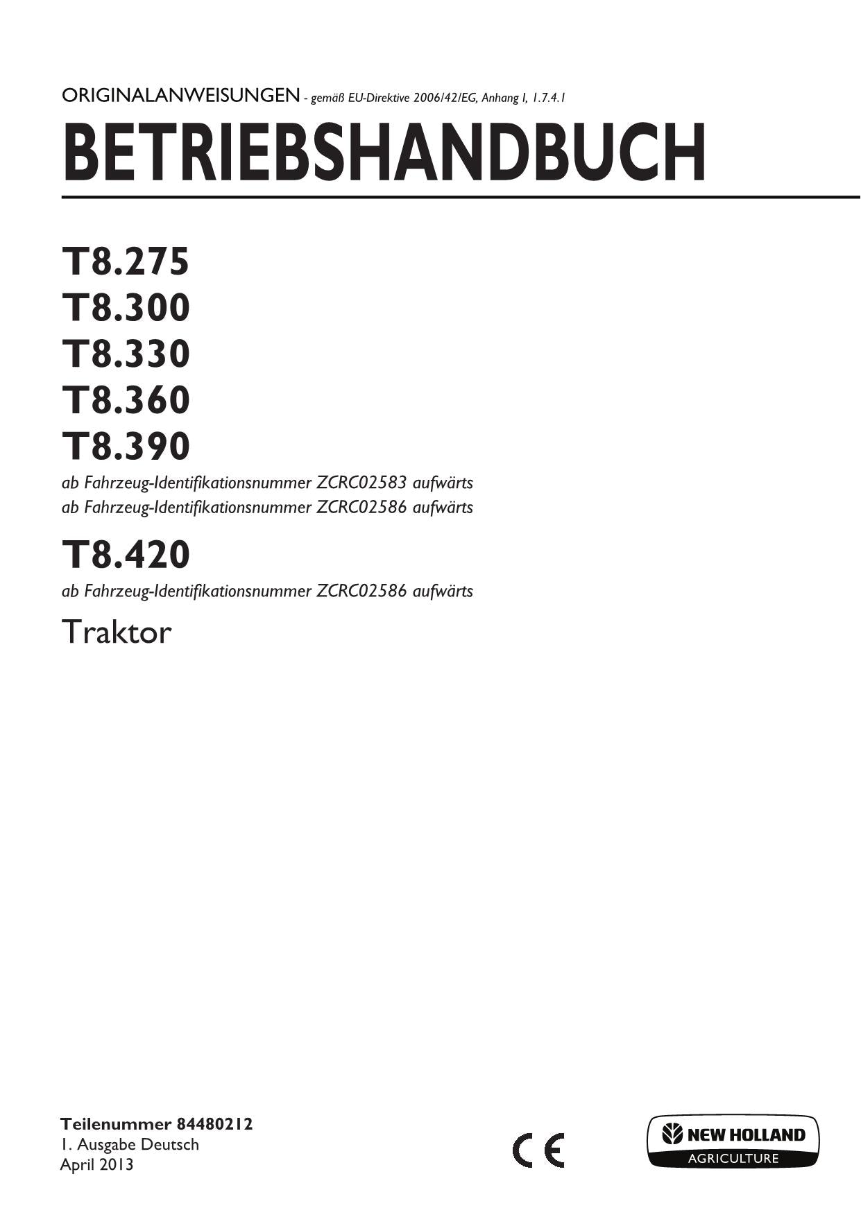 New Holland T8.275 T8.300 T8.330 T8.360 T8.390 traktor betriebsanleitung