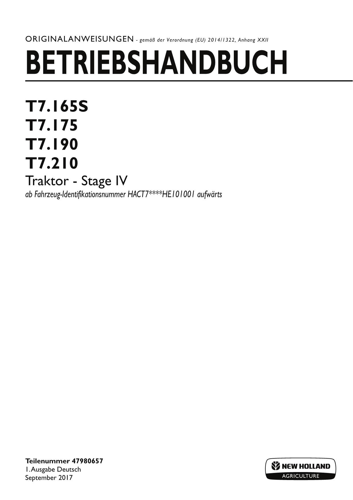 New Holland T7.165S T7.175 T7.190 T7.210 traktor STAGE IV betriebsanleitung