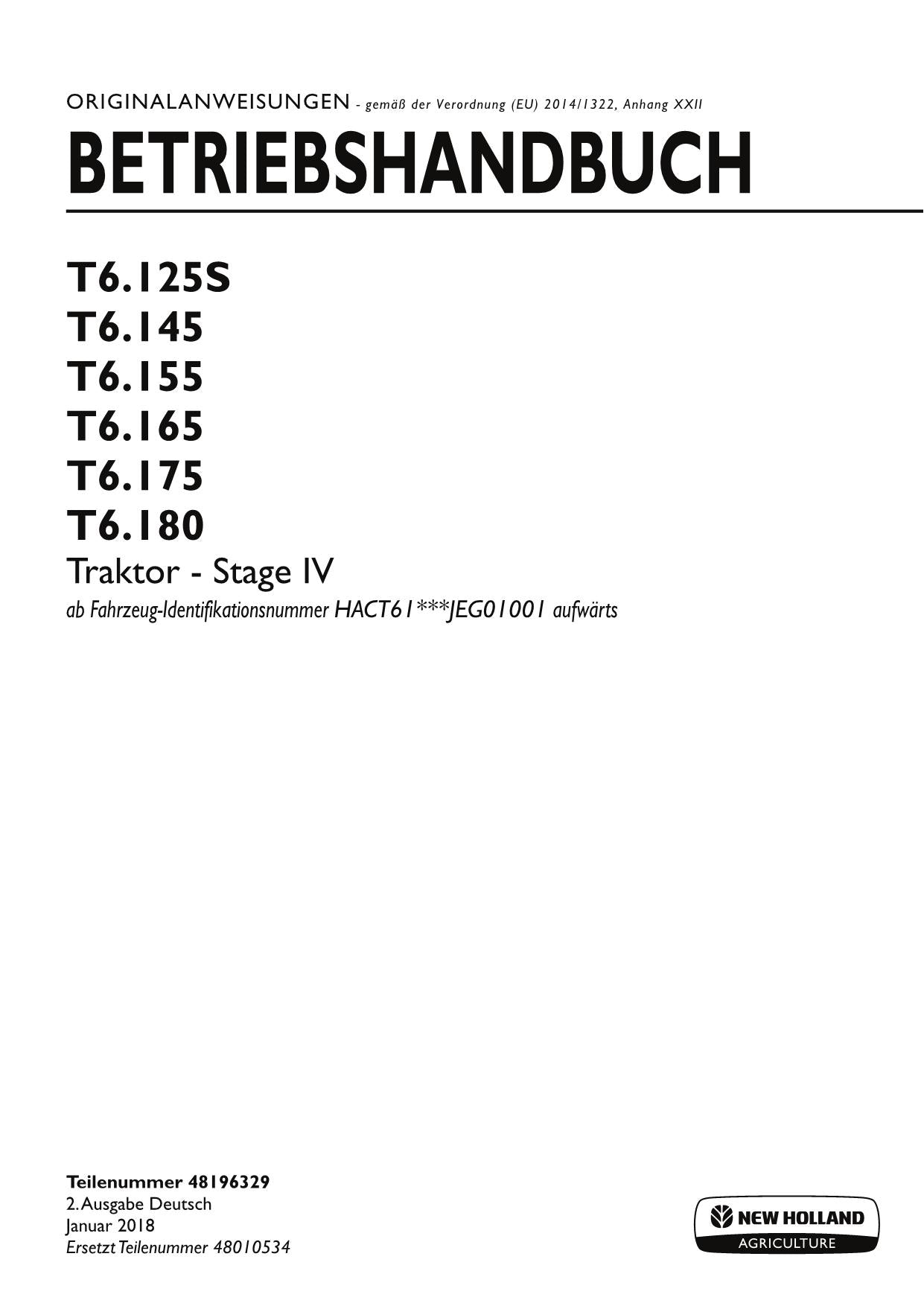 New Holland T6.125S T6.145 T6.155 traktor betriebsanleitung STAGE 4