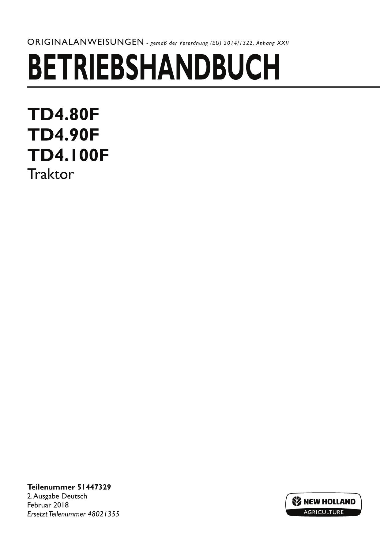 New Holland TD4.80F TD4.90F TD4.100F traktor betriebsanleitung