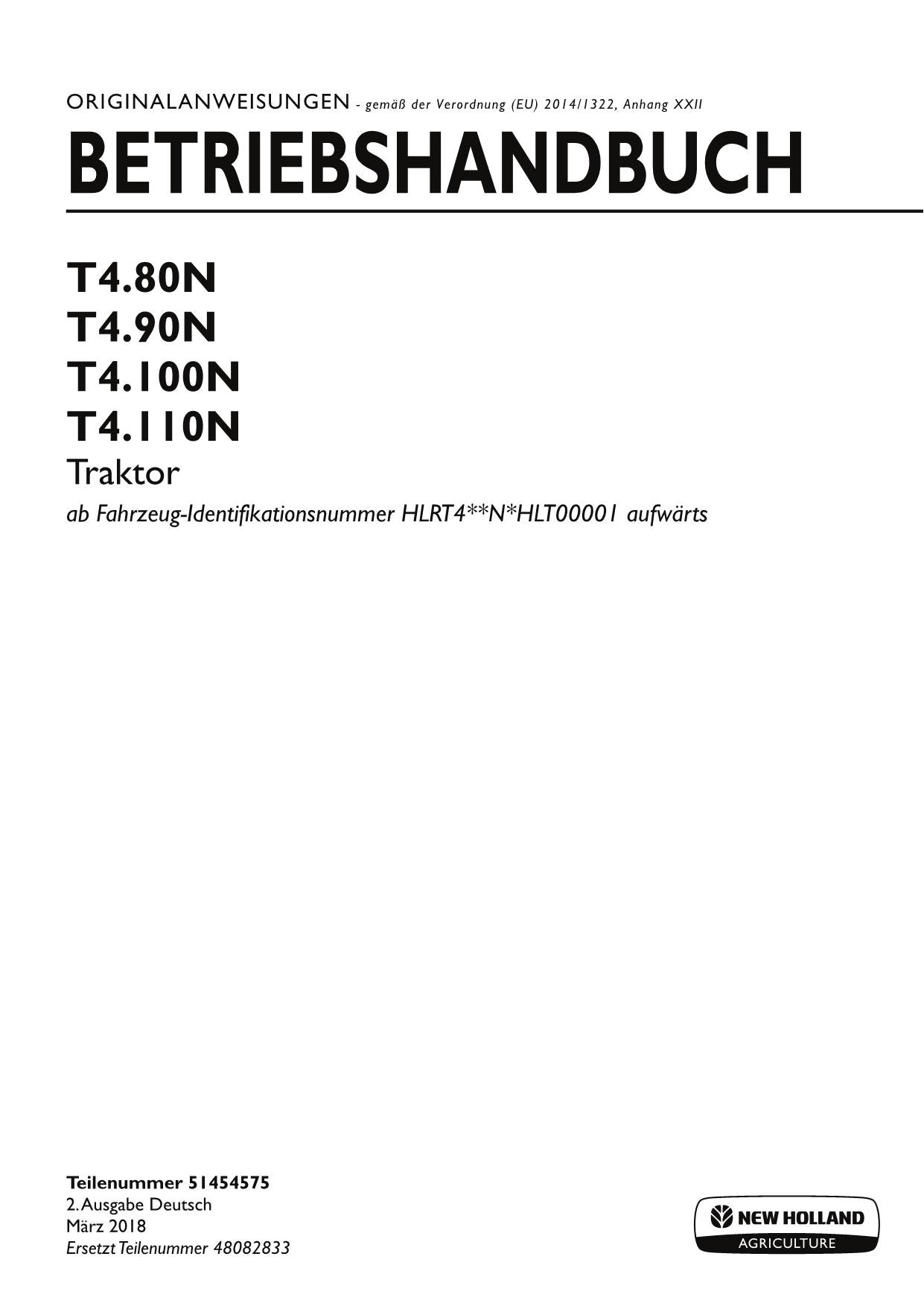 New Holland T4.80N T4.90N T4.100N T4.110N traktor betriebsanleitung