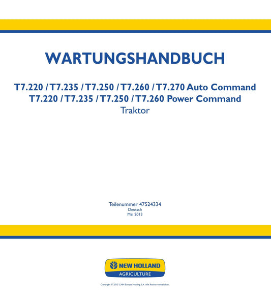 NEW HOLLAND T7.220 T7.235 T7.250 T7.260 T7.270 TRAKTOR REPARATURHANDBUCH