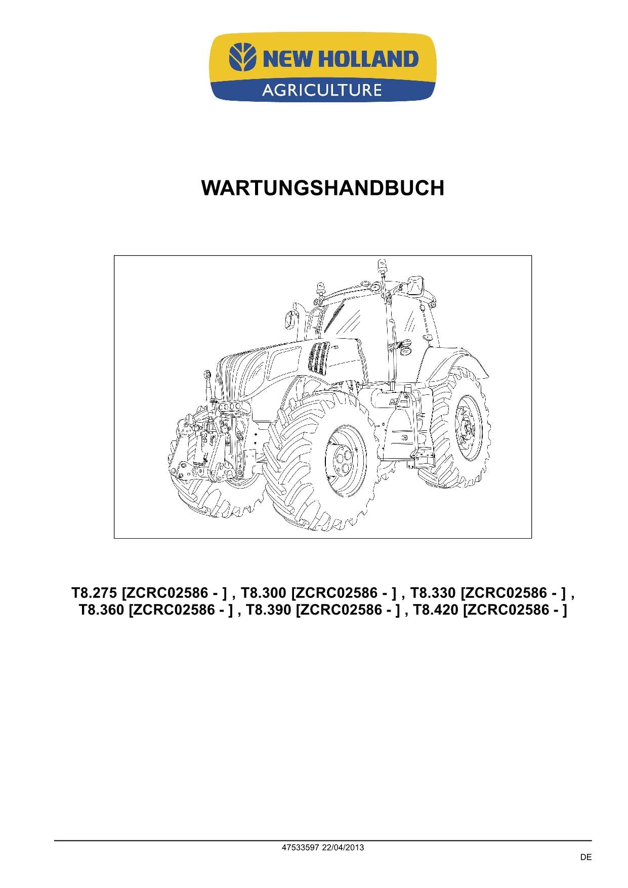 NEW HOLLAND T8.275 T8.300 T8.330 T8.360 T8.390 TRAKTOR REPARATURHANDBUCH