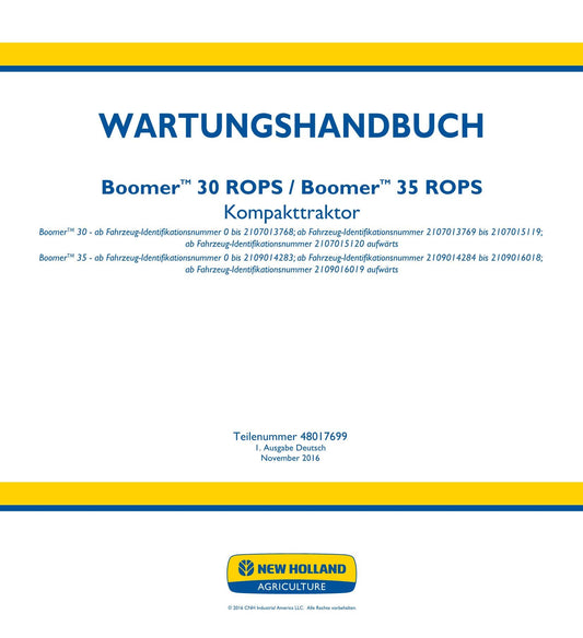 NEW HOLLAND BOOMER 30 35 TRAKTOR REPARATURHANDBUCH