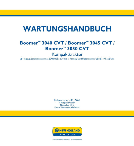 NEW HOLLAND BOOMER 3040 3045 3050 CVT TRAKTOR REPARATURHANDBUCH