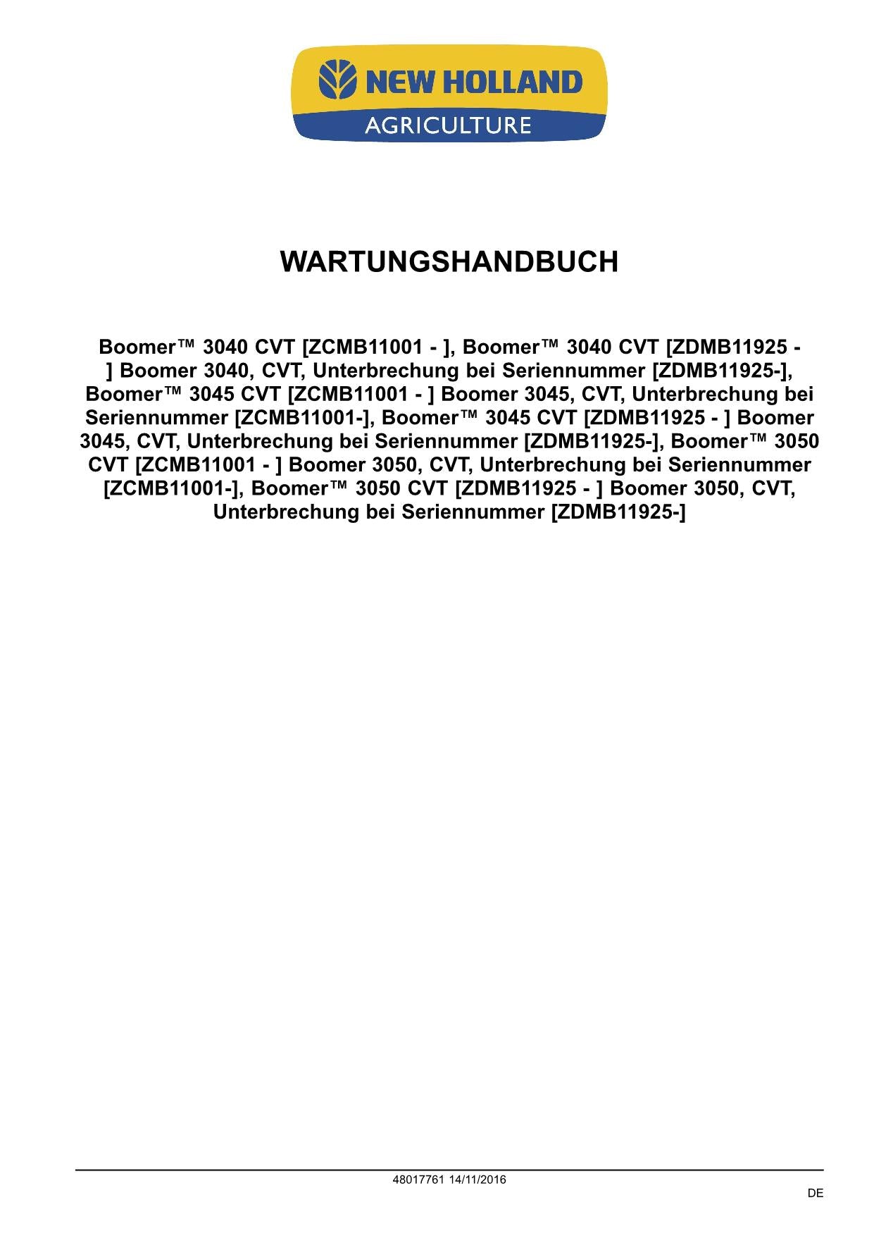 NEW HOLLAND BOOMER 3040 3045 3050 CVT TRAKTOR REPARATURHANDBUCH